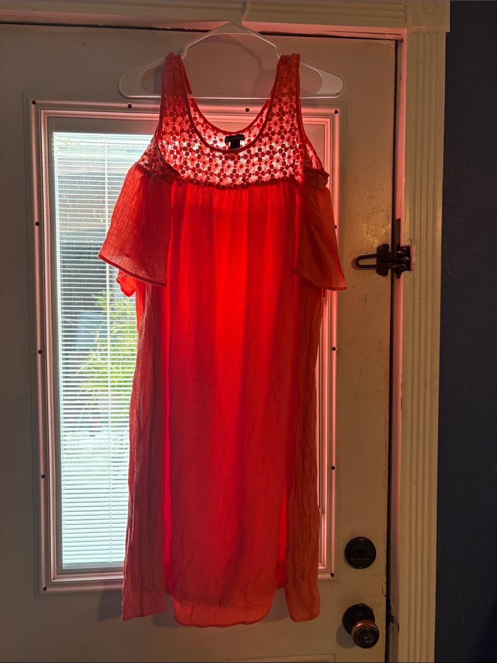 new directions Red Cold-Shoulder Crochet Yoke Midi Dress